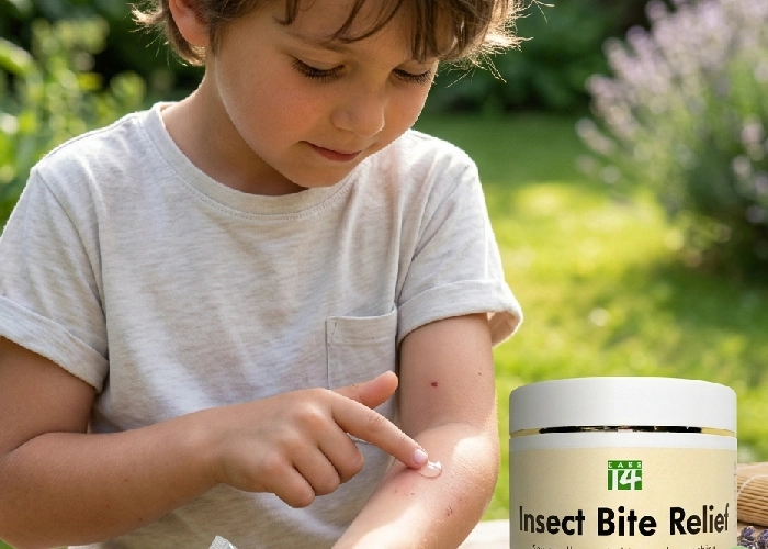 Child using after bite itch relief gel outdoors