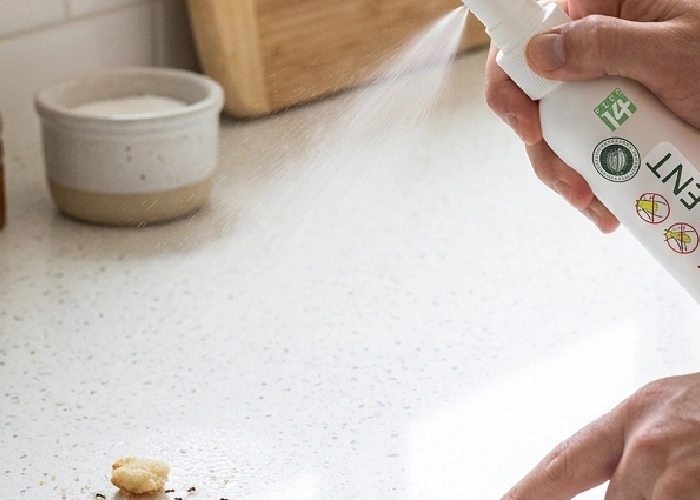 A person using a natural ant spray on a white kitchen counter.