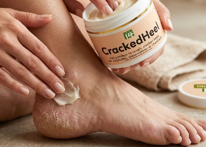 Close up of a herbal cracked heels remedy being massaged into a heel.