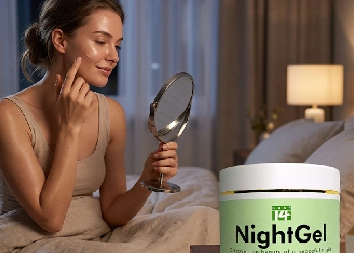 Woman applying night gel for glowing skin before bed.