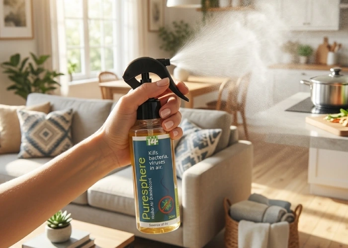 Spraying a gentle air freshener for home in a bright kitchen to neutralize lingering cooking smells.