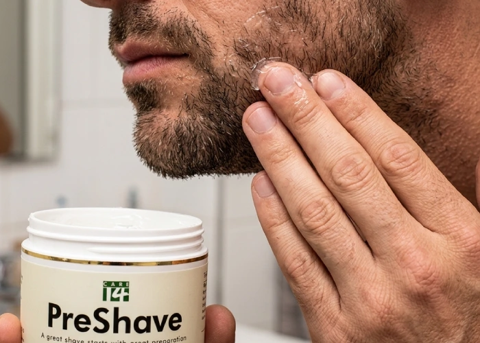 Close up of a man applying a lightweight pre shave gel to his stubble to prevent razor burn.