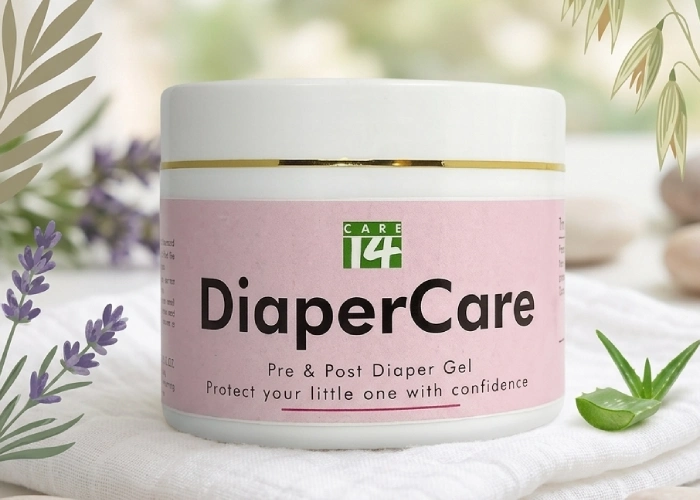 A bottle of Care14 plant-based gel designed to prevent diaper rash and soothe skin