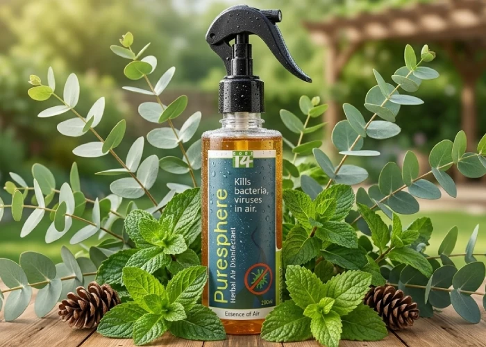 A bottle of Care14 PureSphere antibacterial room spray on a wooden table next to green herbal leaves.