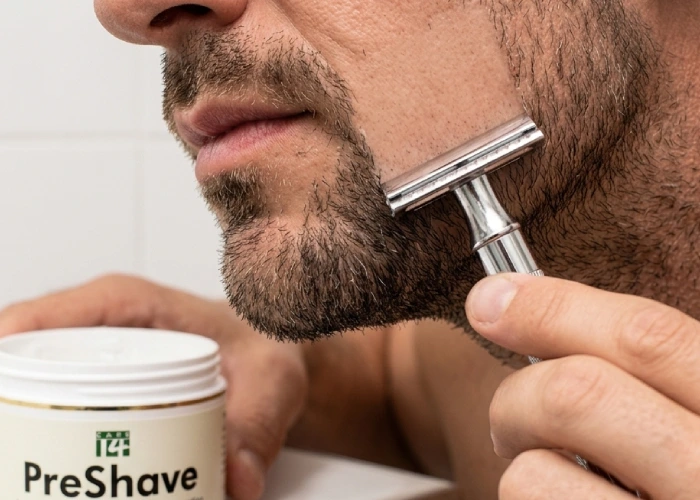 A clean razor shaving smoothly down a man's cheek with no skin redness or irritation