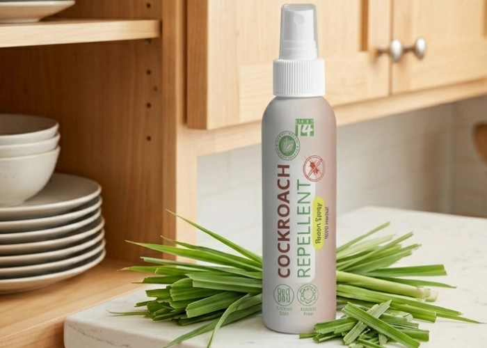 A kitchen counter free of pests next to a natural cockroach repellent bottle with fresh lemongrass leaves.