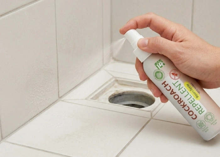 Applying a non-toxic cockroach spray along bathroom tile edges and floor drain openings.